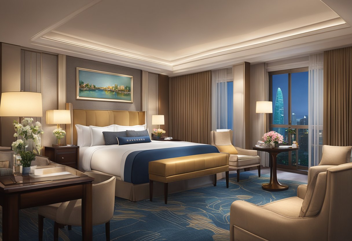 The luxurious Fairmont Hotel in Singapore features elegant furnishings, soft lighting, and plush bedding, creating a cozy and welcoming atmosphere for guests