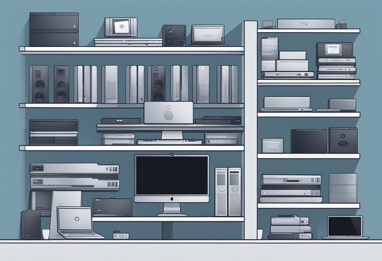 The Dell product range in Singapore is displayed on sleek, modern shelves, with various laptops, desktops, and accessories neatly arranged and illuminated by soft, ambient lighting