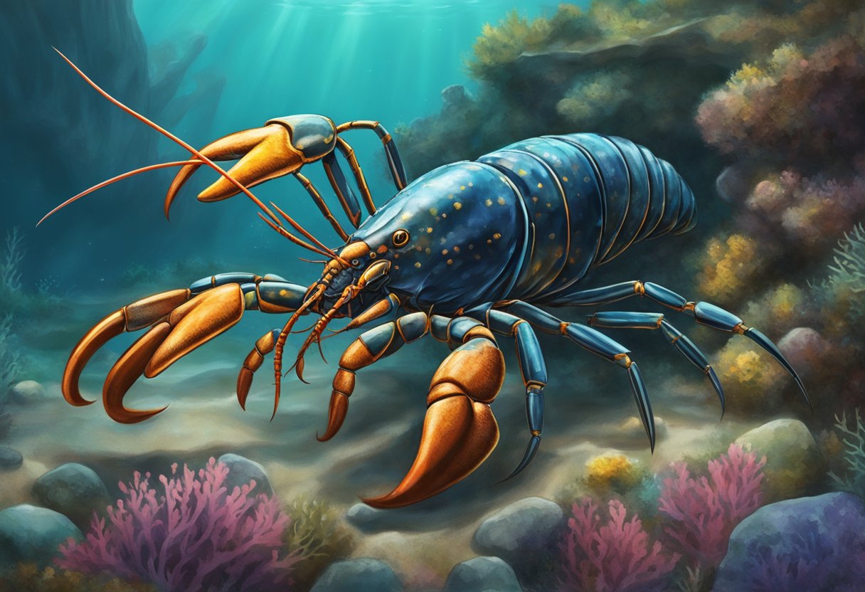 The lobster has a hard exoskeleton, long antennae, and powerful claws. It lives in rocky crevices and underwater caves along the ocean floor