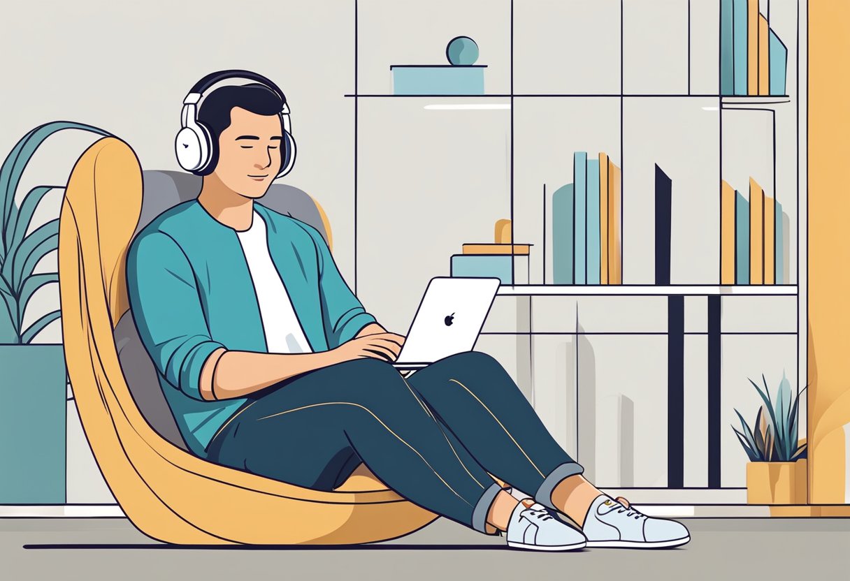 A person is wearing wireless headphones, sitting comfortably, and enjoying high-quality sound. The design is sleek and modern, with soft padding for comfort