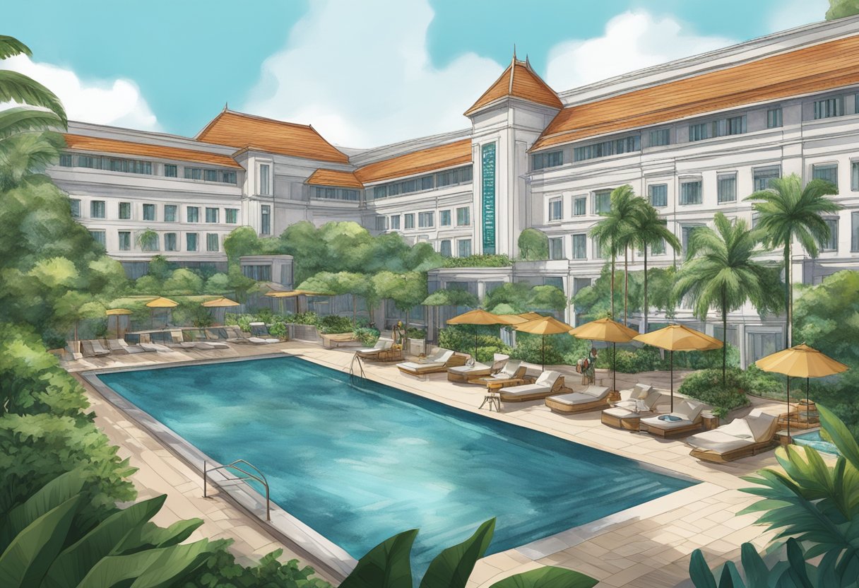 The Fairmont Hotel in Singapore features a luxurious pool area surrounded by lush greenery and comfortable lounge chairs. The hotel amenities also include a spa, fitness center, and various leisure activities for guests to enjoy