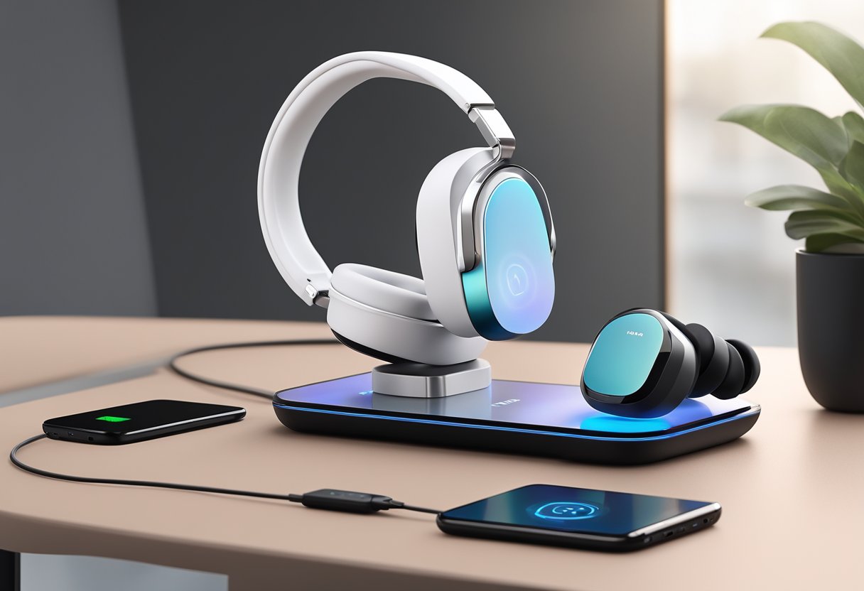 The wireless headphones are placed on a sleek charging dock, with a digital display showing the battery life. The headphones are surrounded by a modern, minimalist setting, emphasizing their advanced technology