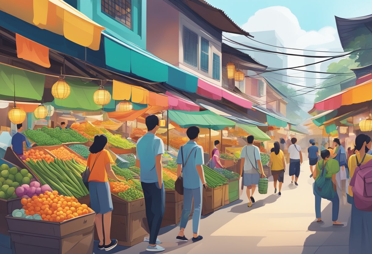 Dell and a companion stroll through a bustling Singapore market, surrounded by colorful stalls and vibrant street vendors
