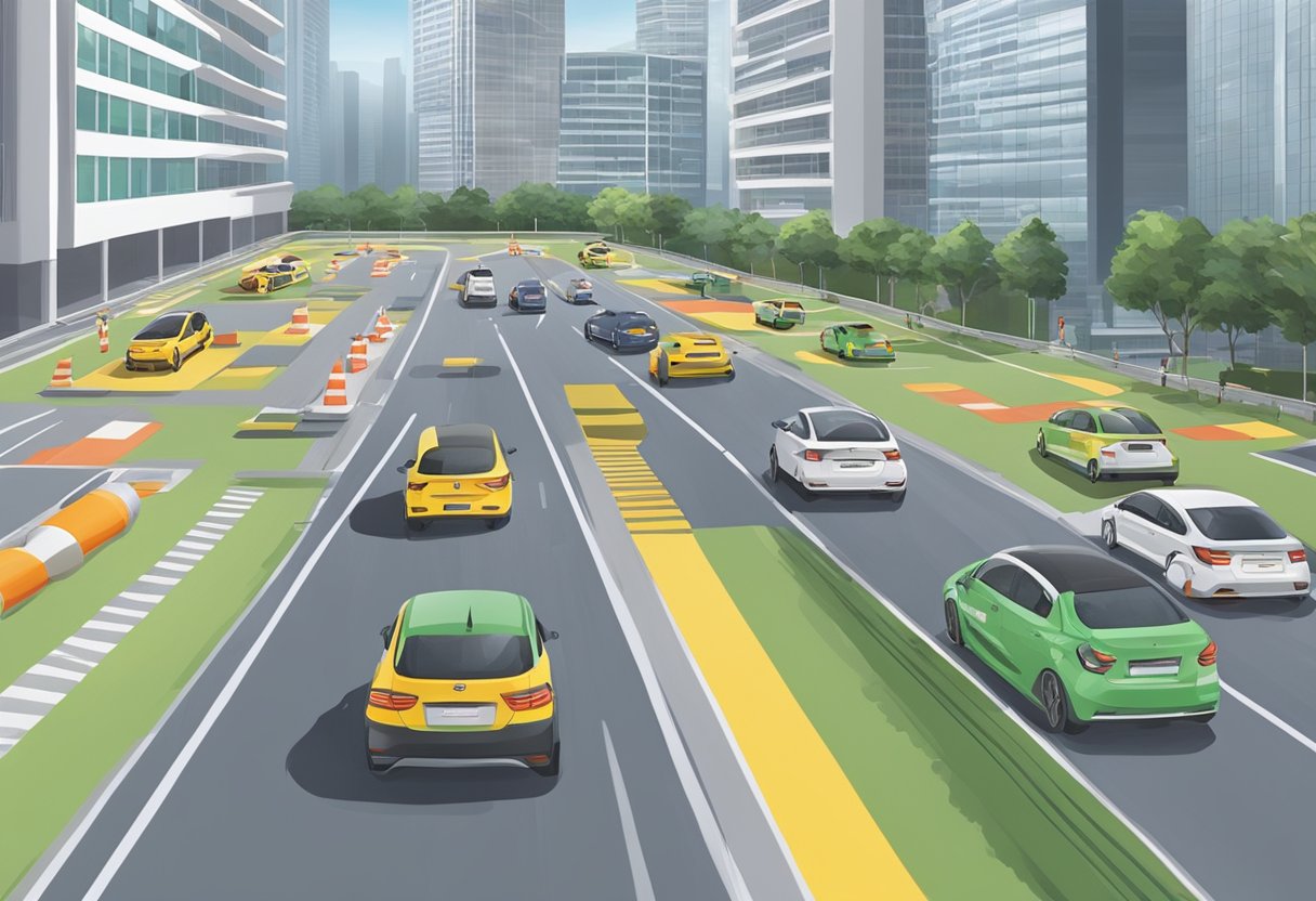 A bustling Singapore Safety Driving Centre with students practicing maneuvers in the training area, while instructors guide and observe