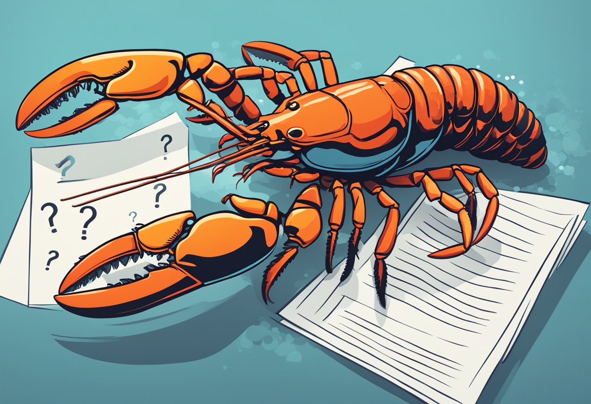 A lobster surrounded by question marks, with a sign reading "Frequently Asked Questions about Lobster" in the background