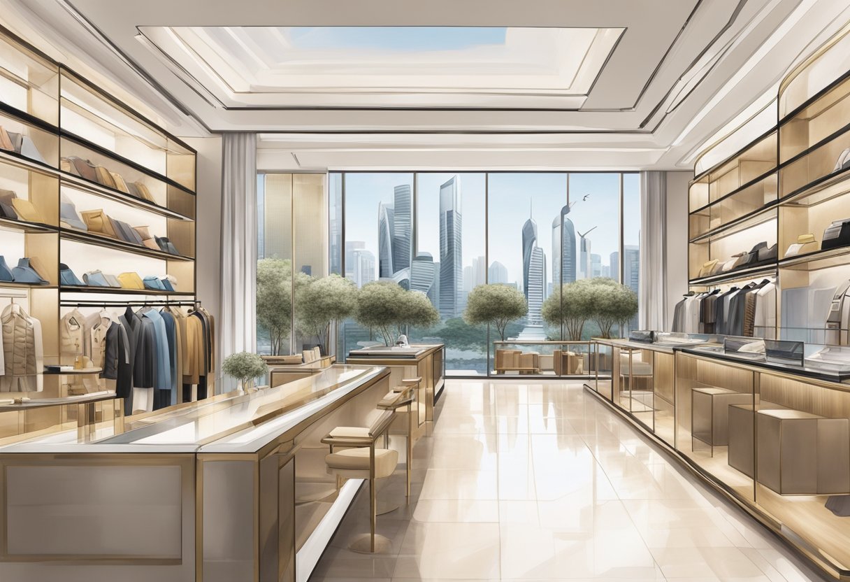 The iconic Fendi boutique in Singapore, with its sleek and modern architecture, stands out against the city skyline, surrounded by luxury boutiques and bustling streets