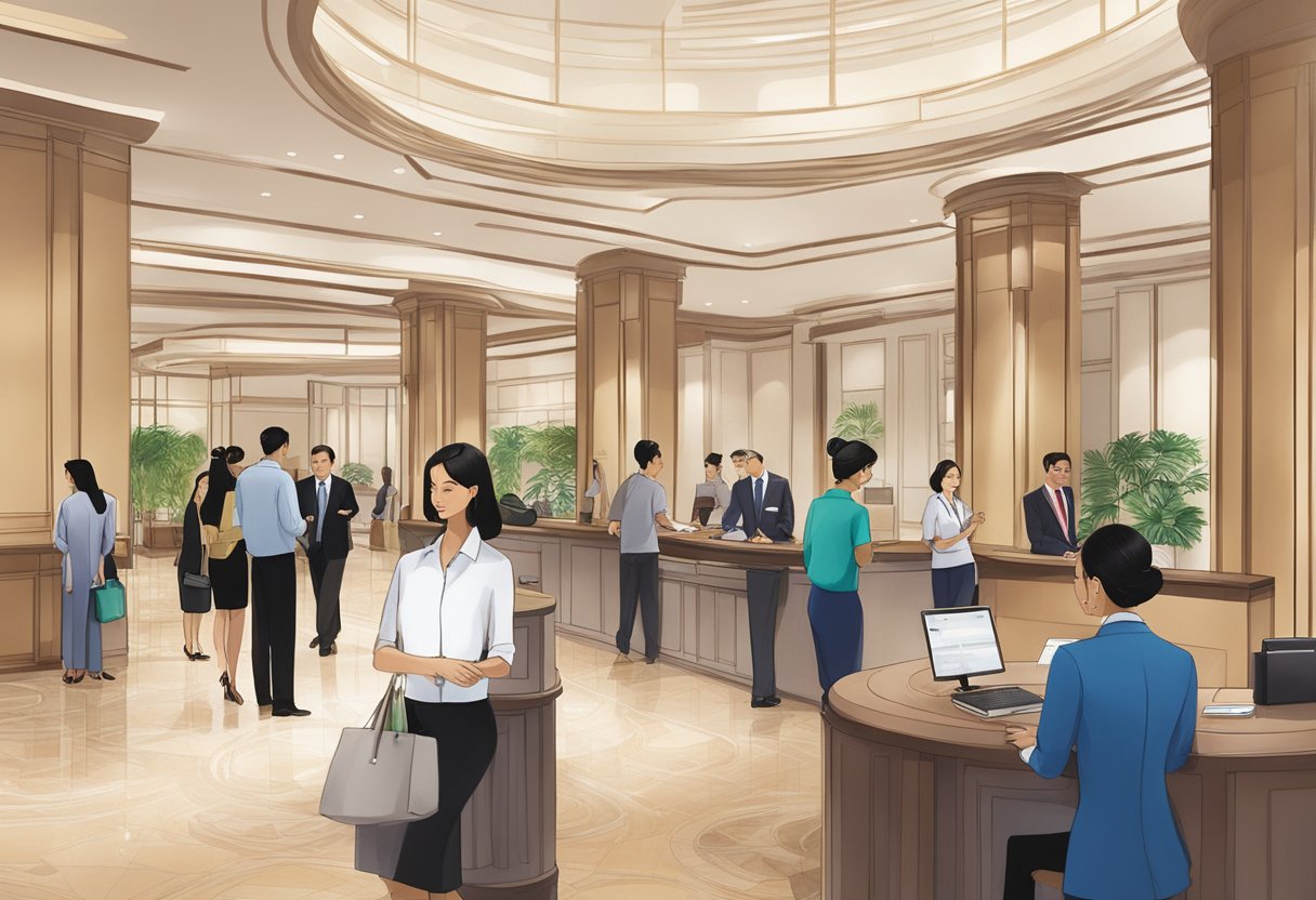 The bustling lobby of Fairmont Hotel Singapore with guests checking in, concierge assisting, and staff attending to inquiries at the Frequently Asked Questions booth
