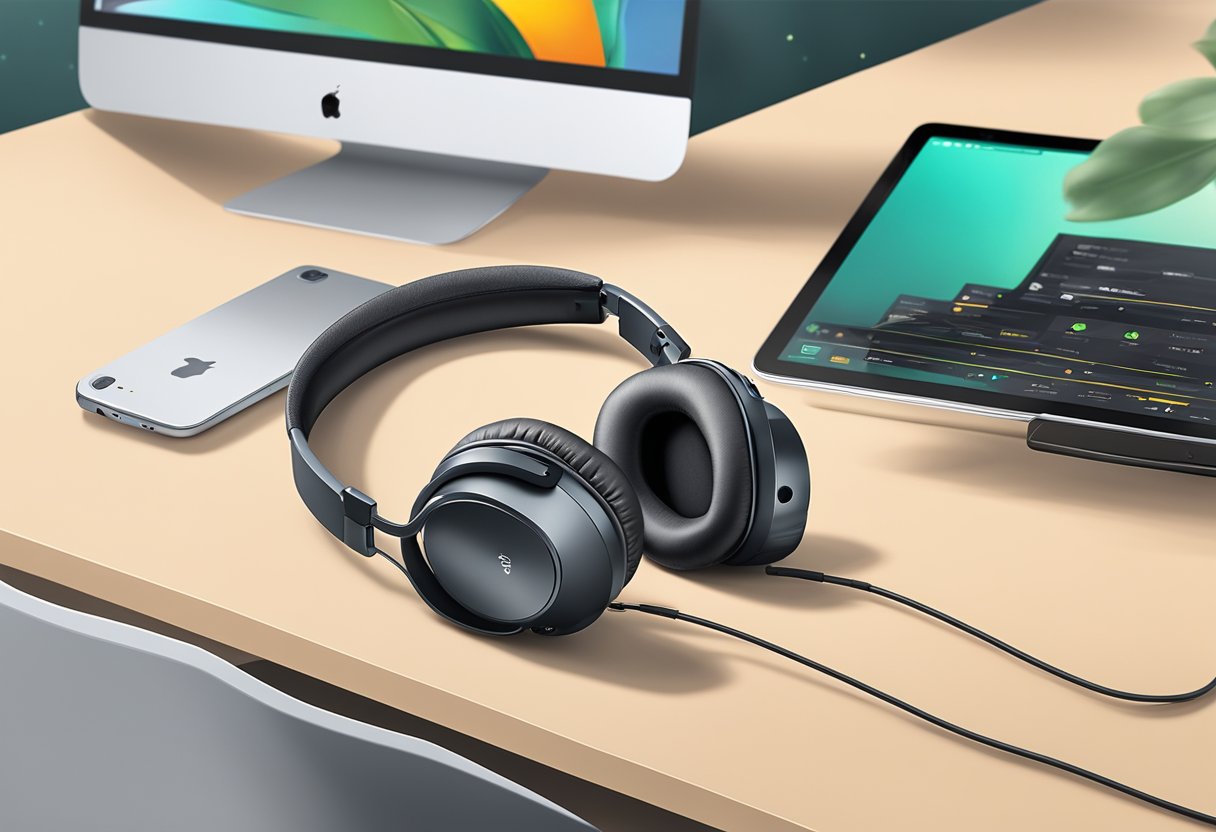 A pair of wireless headphones sits on a sleek, modern desk. The packaging displays "Durability and Warranty" while the headphones promise "Best Sound Quality and Comfort."