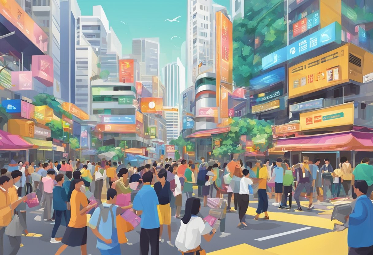 A money changer in Singapore exchanges currency at a bustling street corner, surrounded by colorful signs and a diverse crowd