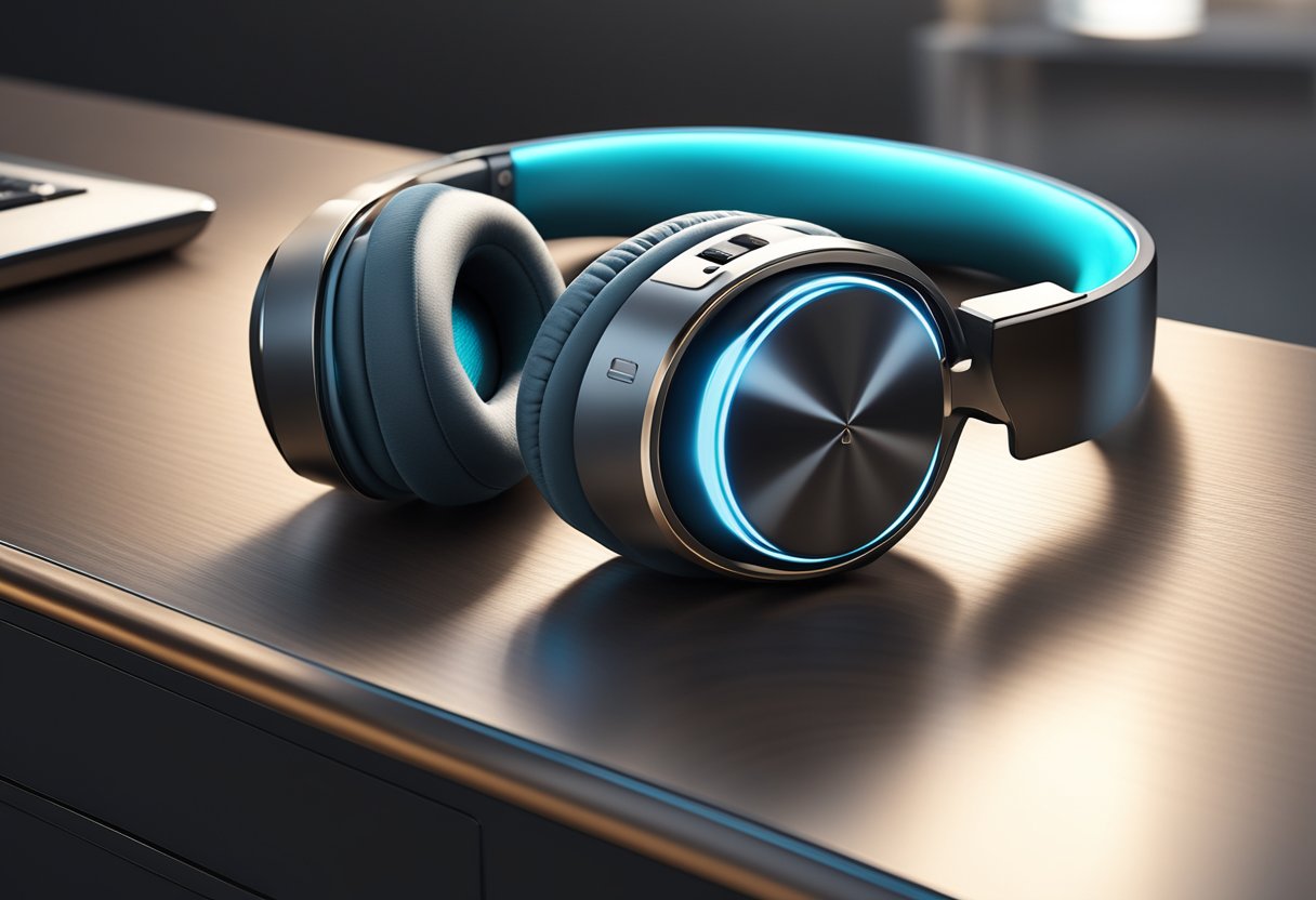 A sleek pair of wireless headphones sits on a modern table, surrounded by soft lighting. The headphones are designed with a focus on sound quality and comfort, featuring advanced technology and luxurious materials