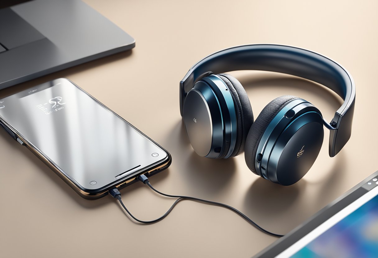 A pair of wireless headphones sits on a sleek, modern table. The brand logo is prominently displayed, and the headphones exude a sense of luxury and comfort. The scene conveys a strong reputation for quality and exceptional customer service