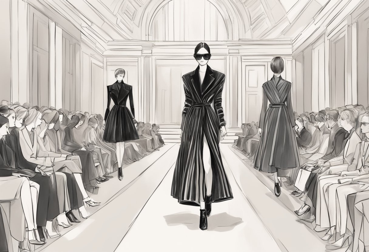 A bustling fashion show with Fendi's iconic logo displayed prominently. Mannequins dressed in luxurious garments line the runway, while fashion enthusiasts eagerly take in the latest designs