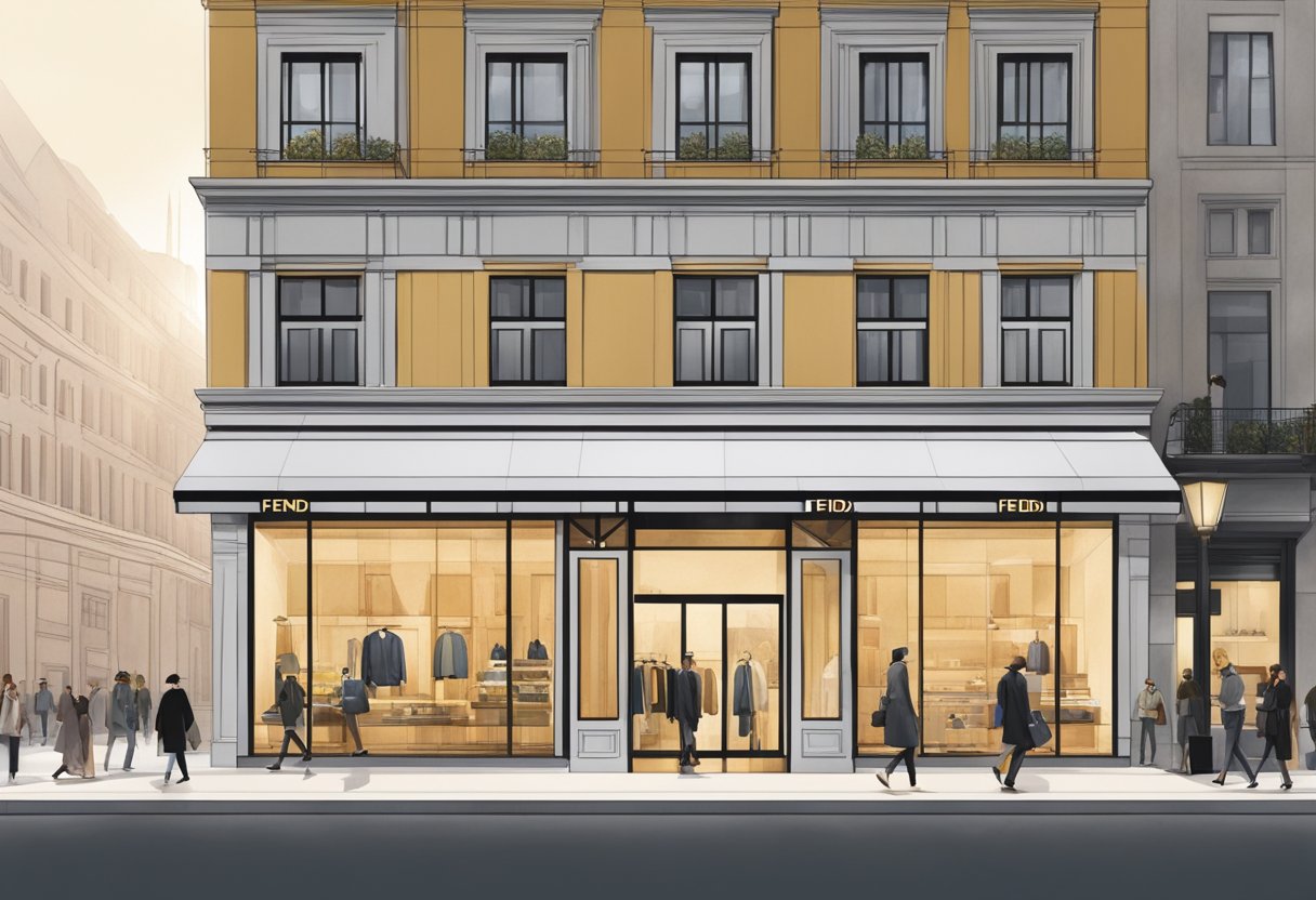 A sleek, modern storefront with the Fendi logo prominently displayed, surrounded by bustling city streets and stylish passerby