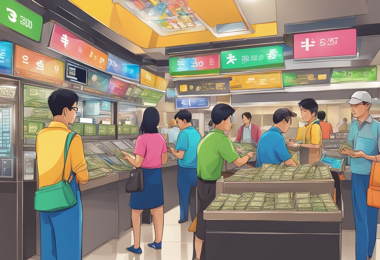 A bustling Singapore money changer with colorful currency displays, busy tellers, and customers exchanging money