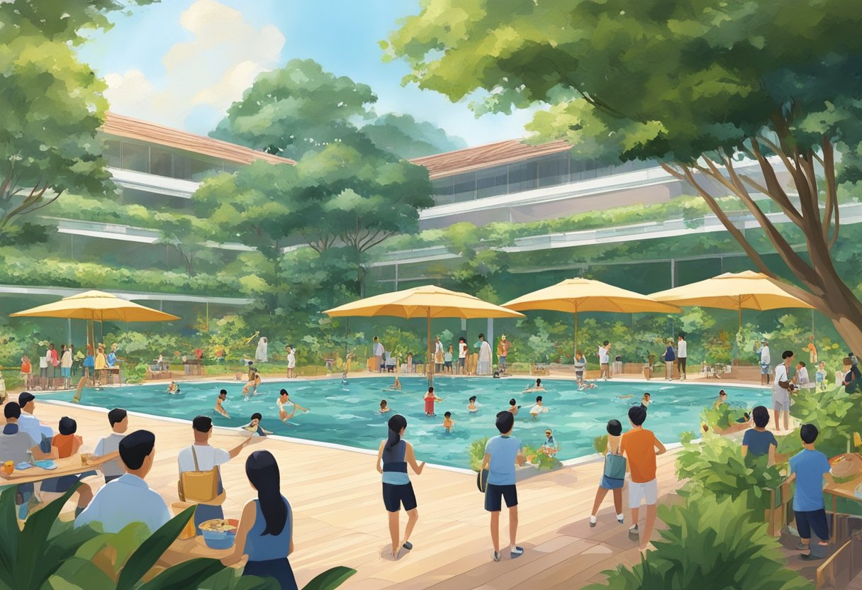 The Singapore Recreation Club bustles with activity, with people swimming in the pool, playing tennis, and enjoying the lush greenery of the surrounding park