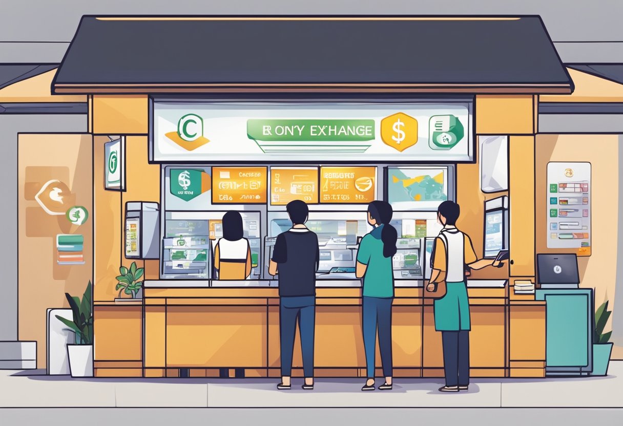 A currency exchange booth in Singapore with various international currency symbols displayed and a customer exchanging money with the cashier