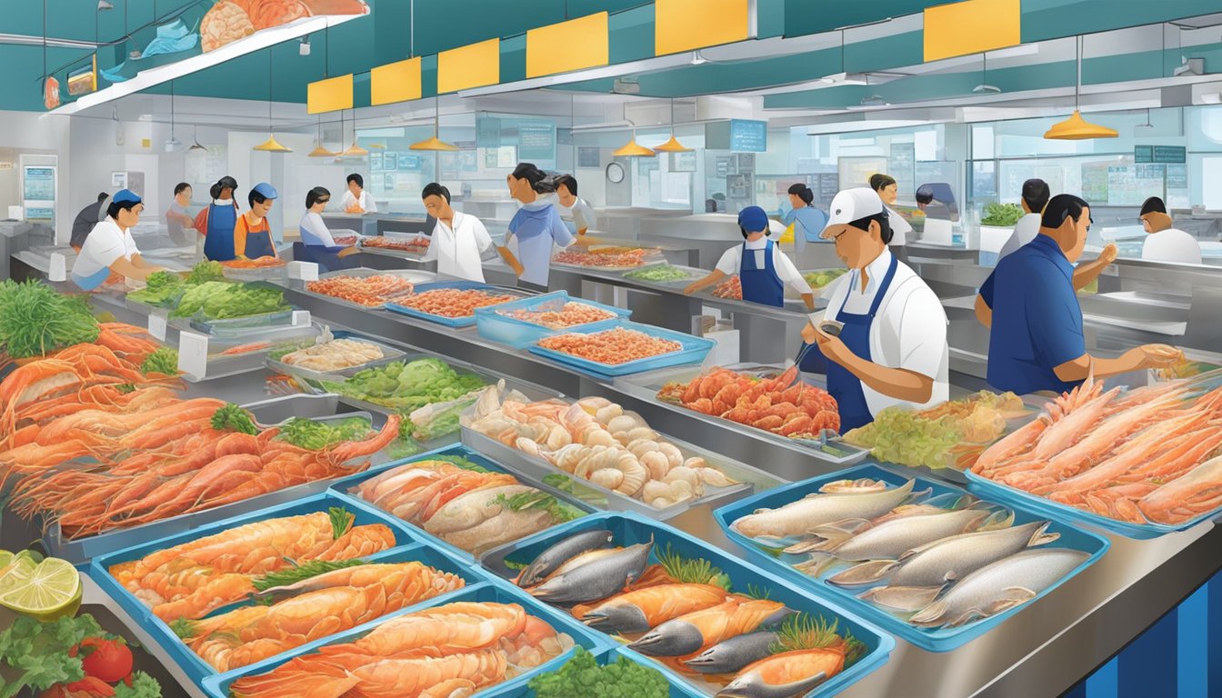 Customers browsing fresh seafood at UDMC Seafood Centre, with colorful displays and bustling activity