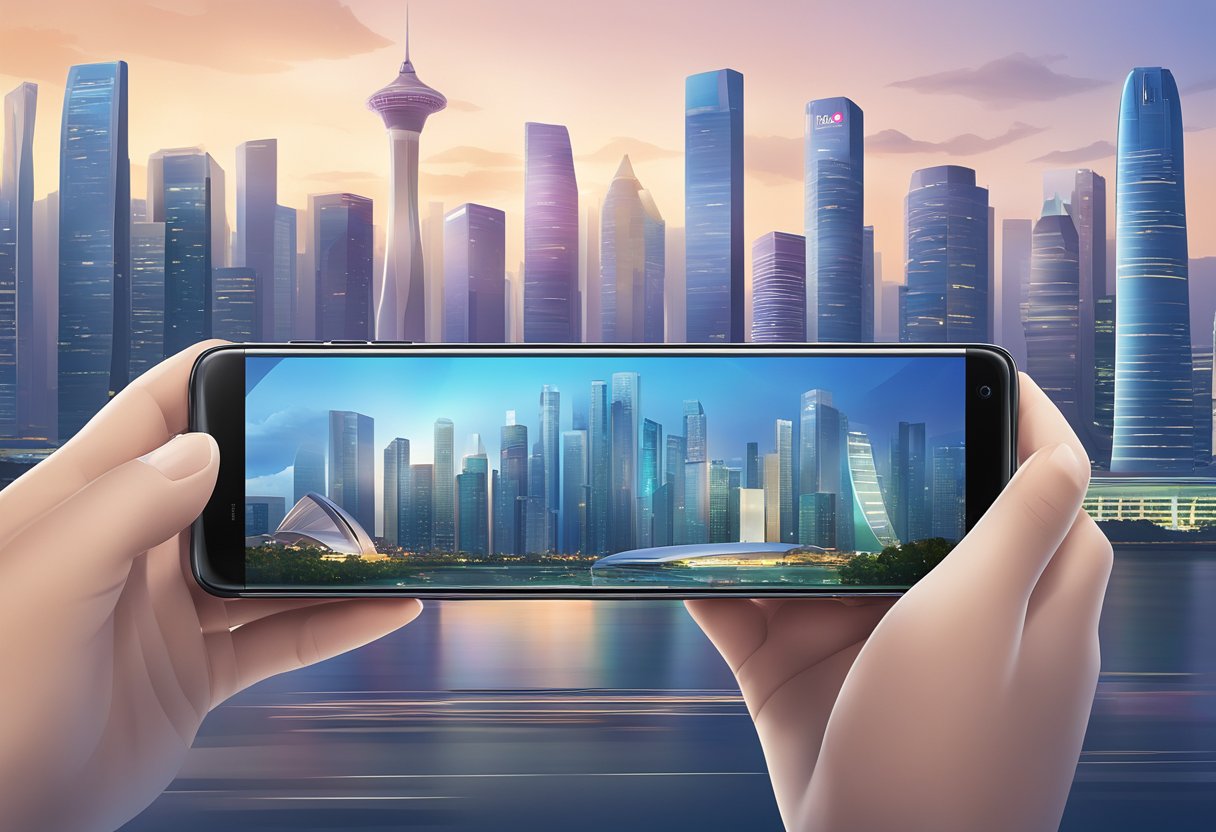 A sleek Huawei smartphone with cutting-edge features displayed against a futuristic backdrop of Singapore's city skyline