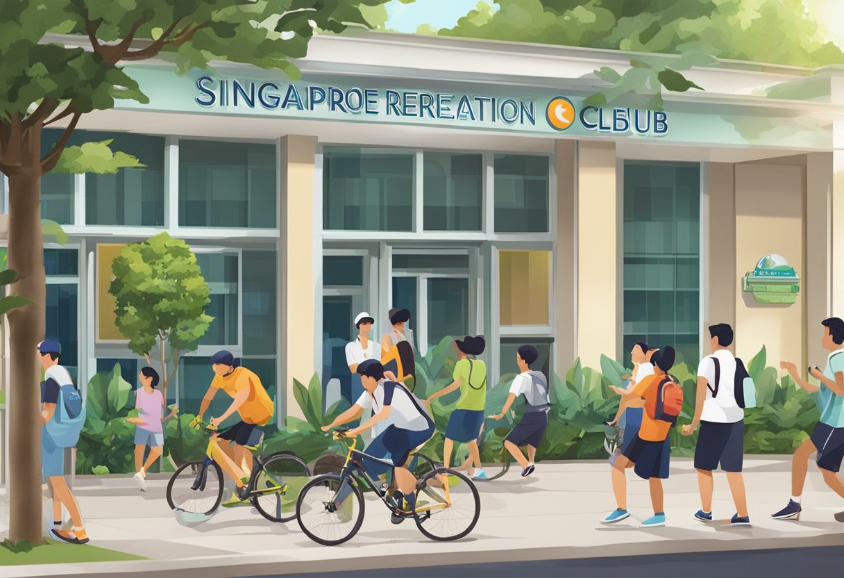 The Singapore Recreation Club logo prominently displayed on a sign outside the building, with people engaged in various recreational activities in the background