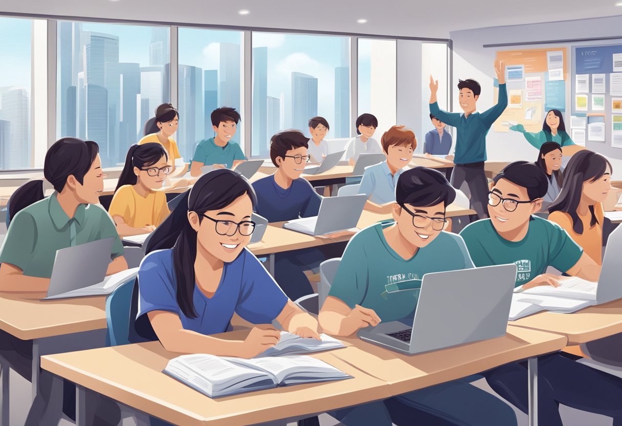 Students eagerly engage with textbooks and laptops in a modern classroom at Kaplan Singapore, surrounded by motivational posters and academic accolades