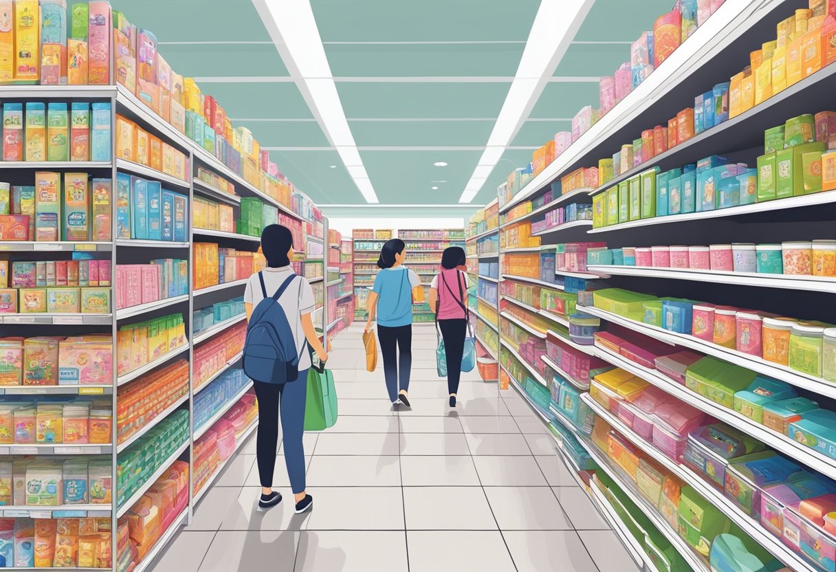 Customers browsing colorful aisles of Daiso Singapore outlets, with shelves stocked with various affordable and practical items