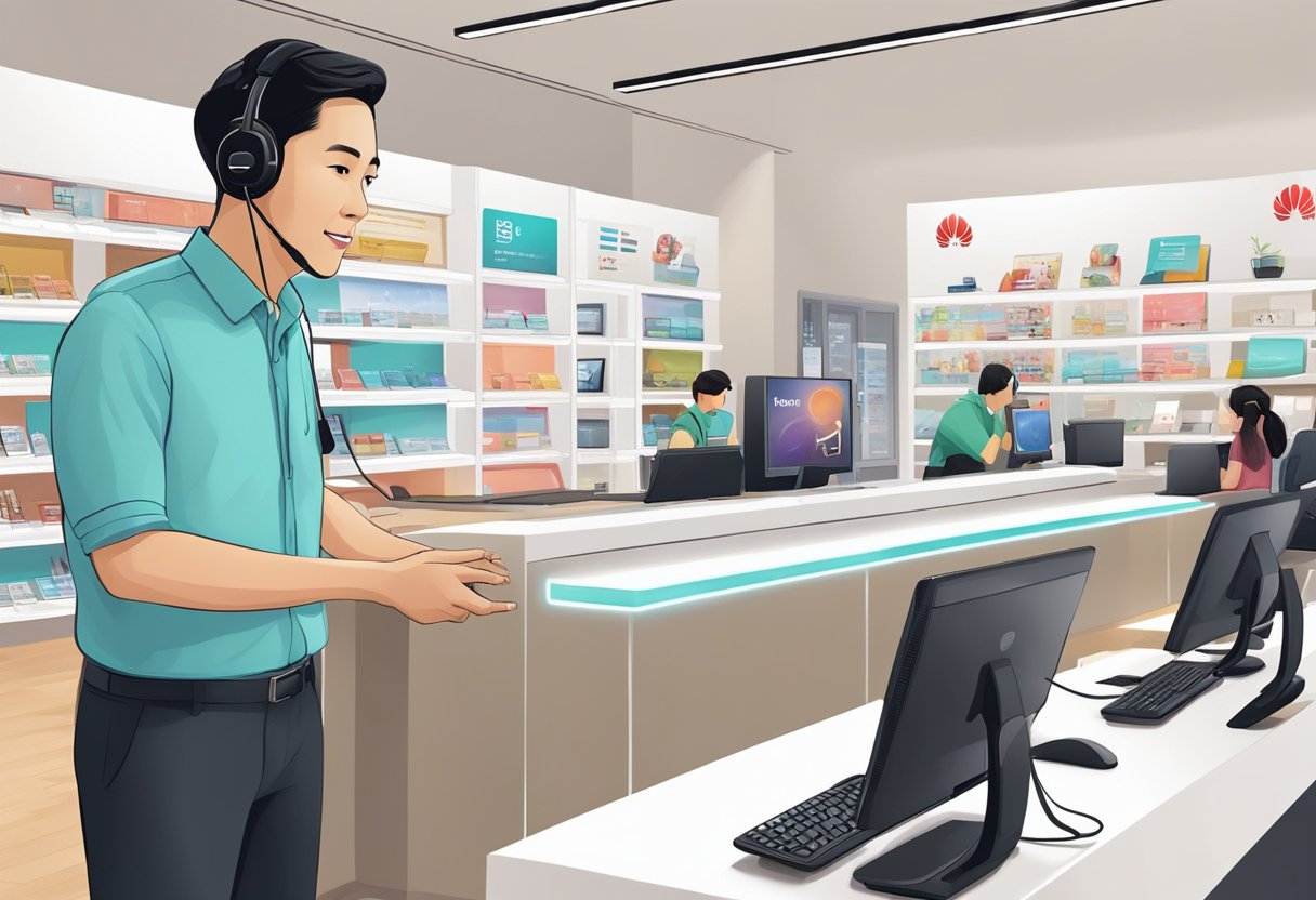 A customer service representative answering questions at a Huawei store in Singapore