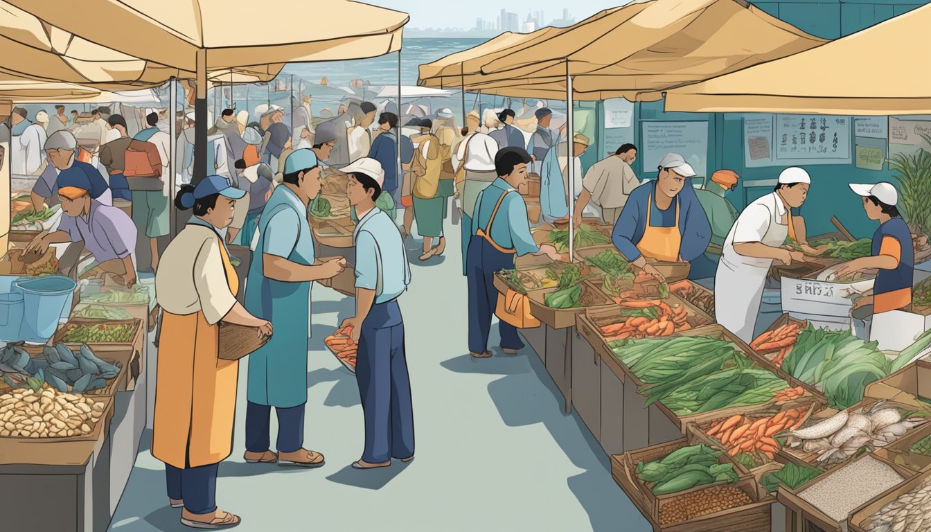 A bustling seafood market with various stalls and customers seeking information at the "Frequently Asked Questions" booth