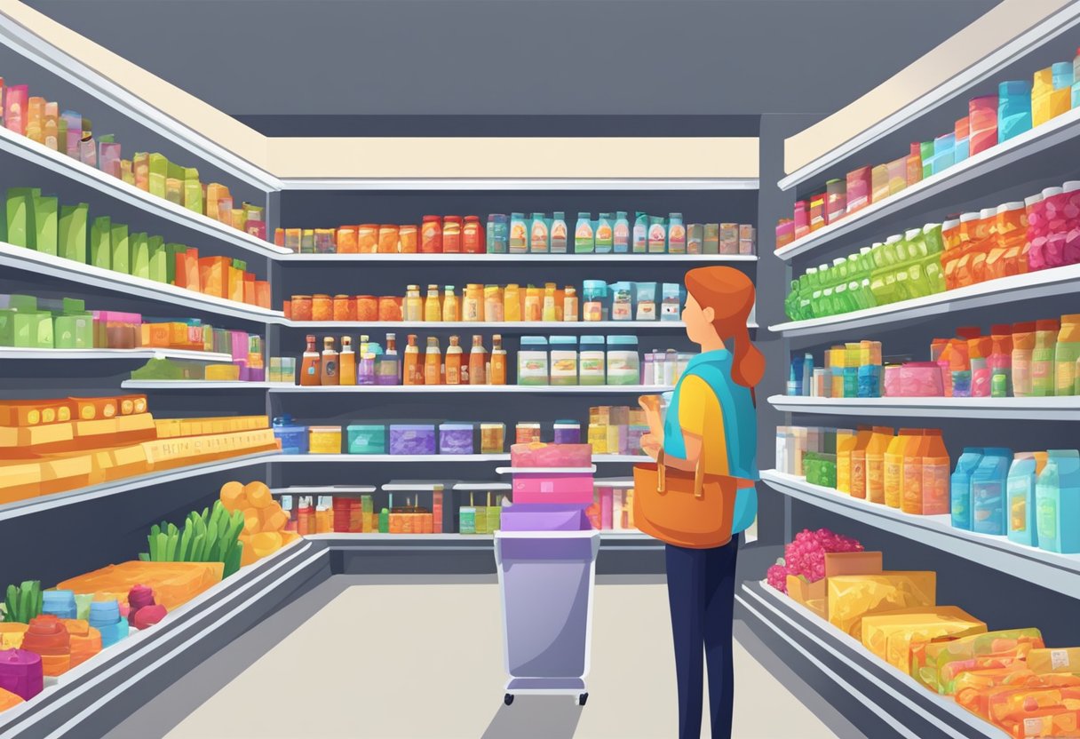 Brightly lit store shelves display a wide range of products. Customers browse aisles filled with colorful items. A cashier rings up purchases at the counter