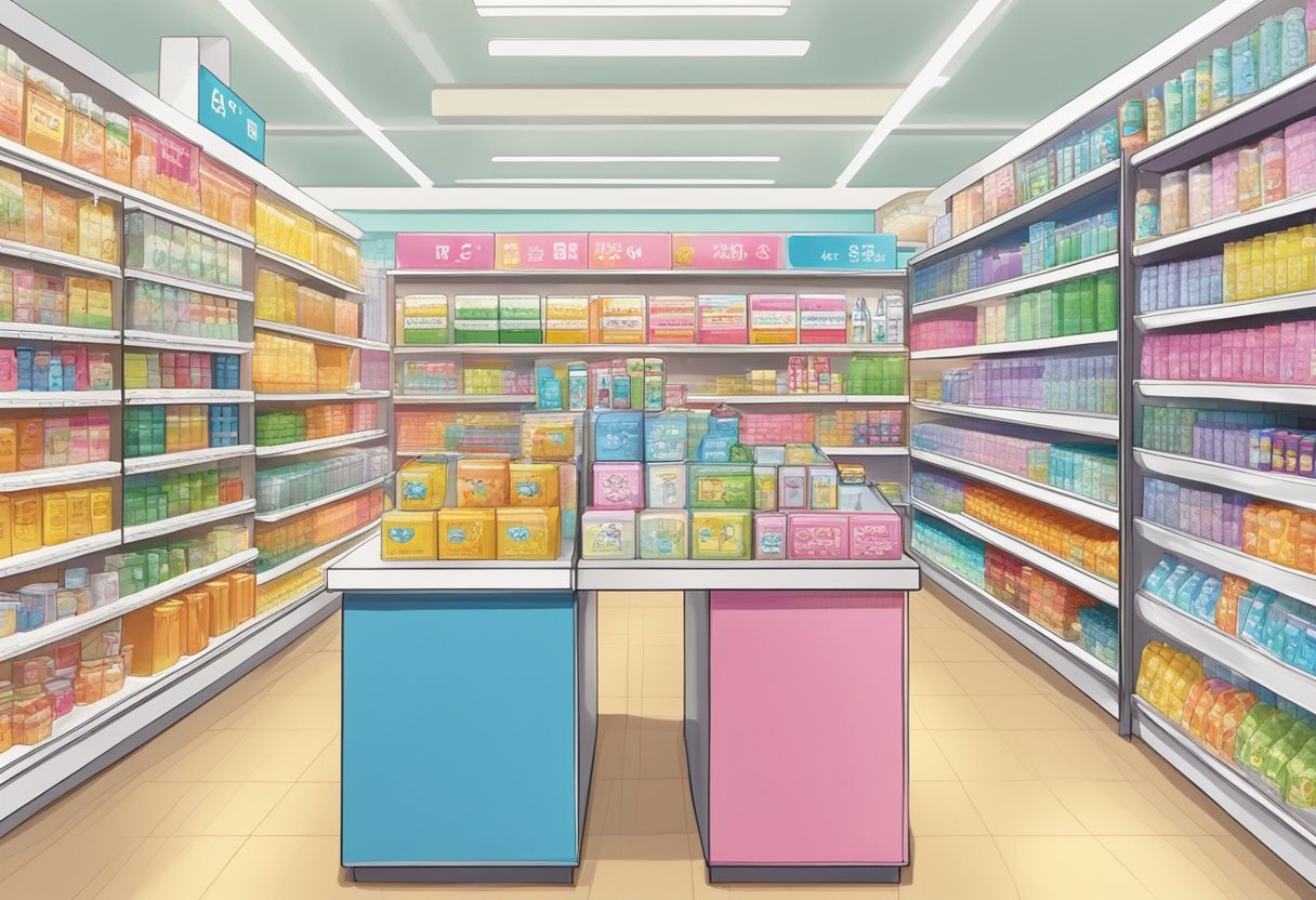 A colorful display of products with "Frequently Asked Questions" signs in a Daiso store in Singapore