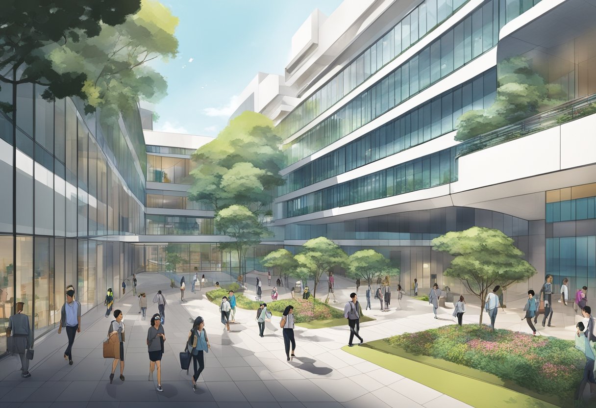 A bustling courtyard at Singapore Management University, with modern architecture and students walking between buildings