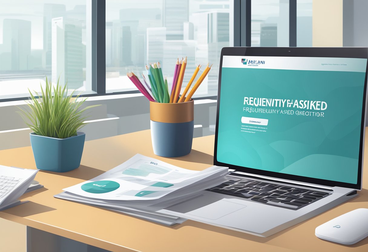 A stack of colorful brochures and a computer screen displaying "Frequently Asked Questions Kaplan Singapore" on a desk