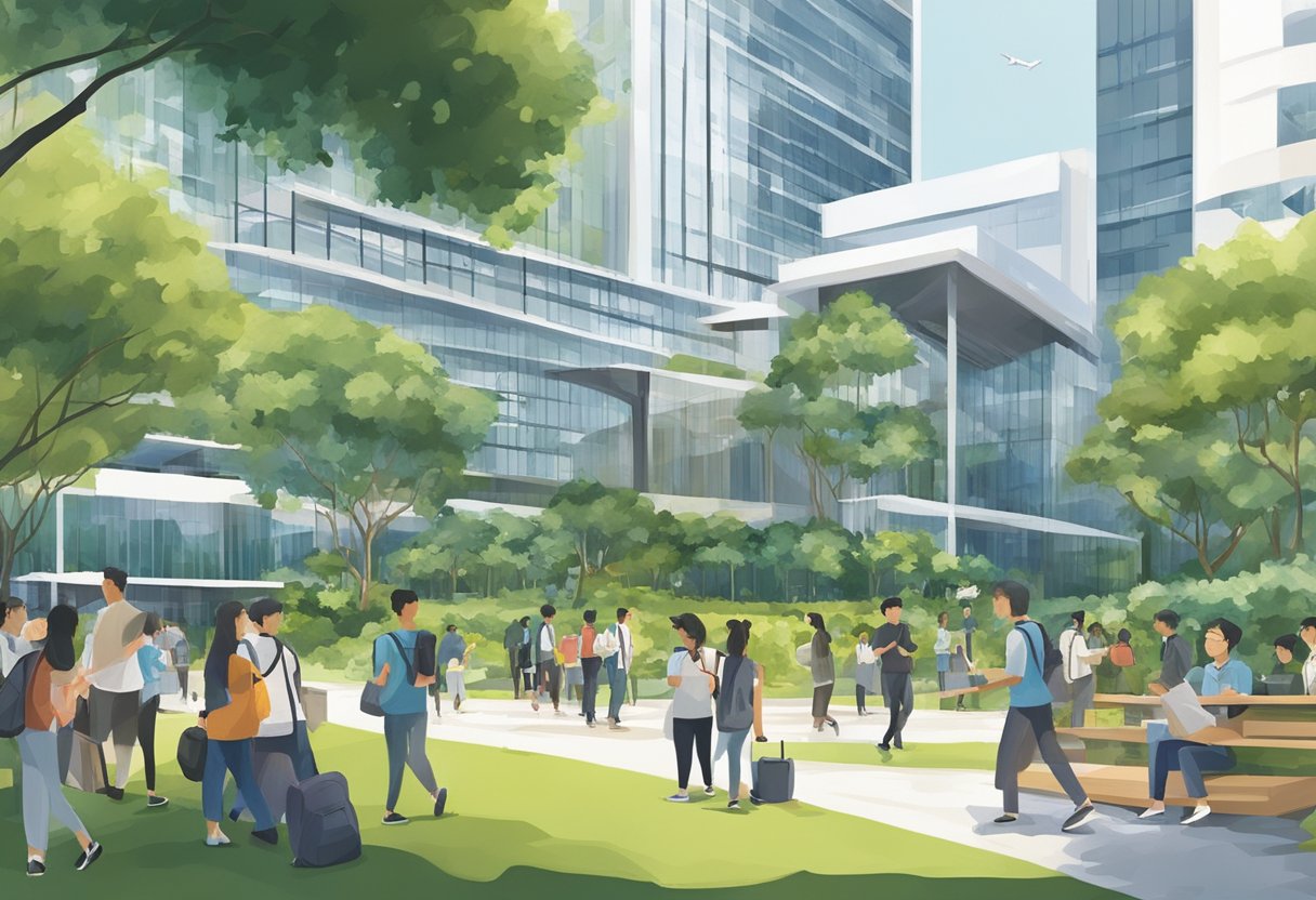 Students gather at the Singapore Management University, surrounded by modern buildings and lush greenery. The campus buzzes with activity, as students utilize various services and facilities