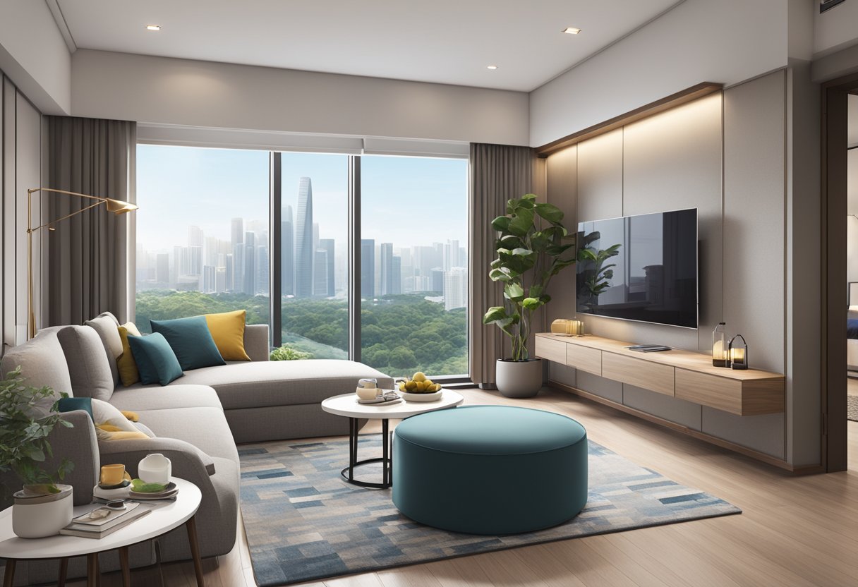 A modern, spacious living room in a serviced apartment in Singapore, with sleek furniture, large windows offering a view of the city, and a cozy atmosphere