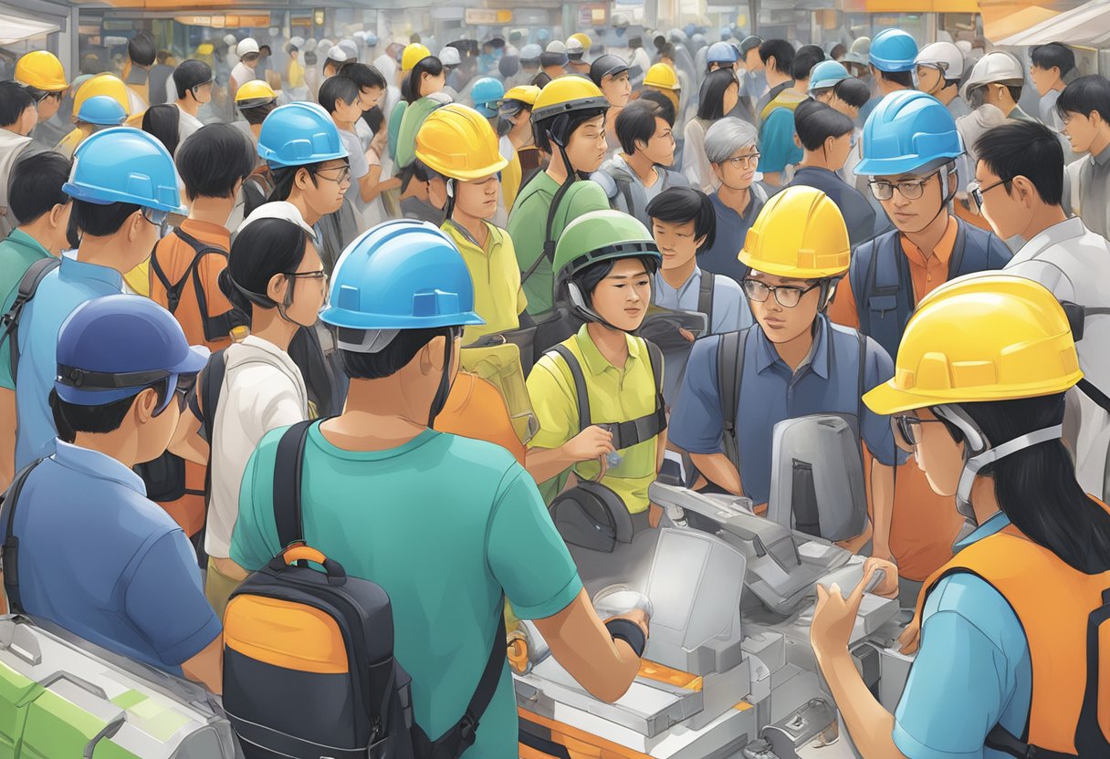 Users interact with safety equipment, such as helmets and harnesses, in a busy Singaporean marketplace