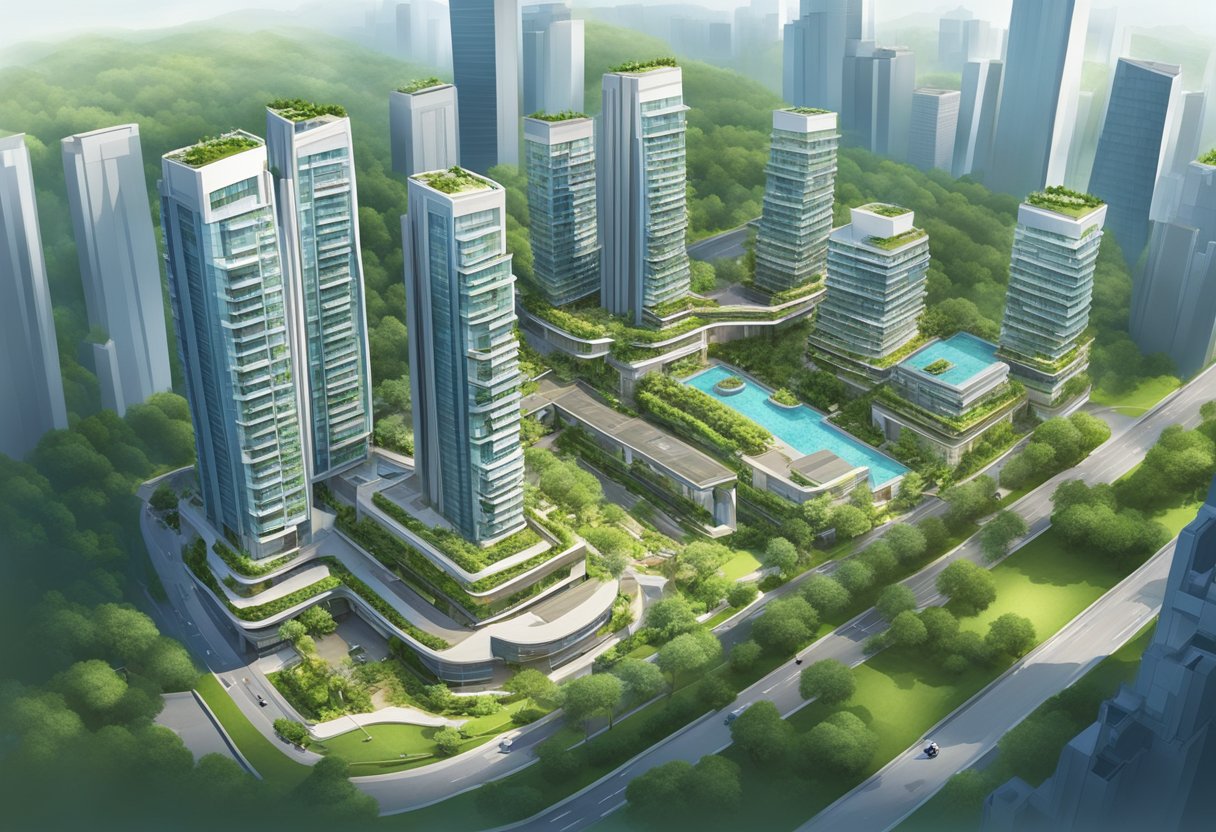 A modern cityscape with high-rise buildings and lush greenery, featuring a luxurious serviced apartment complex in the heart of Singapore