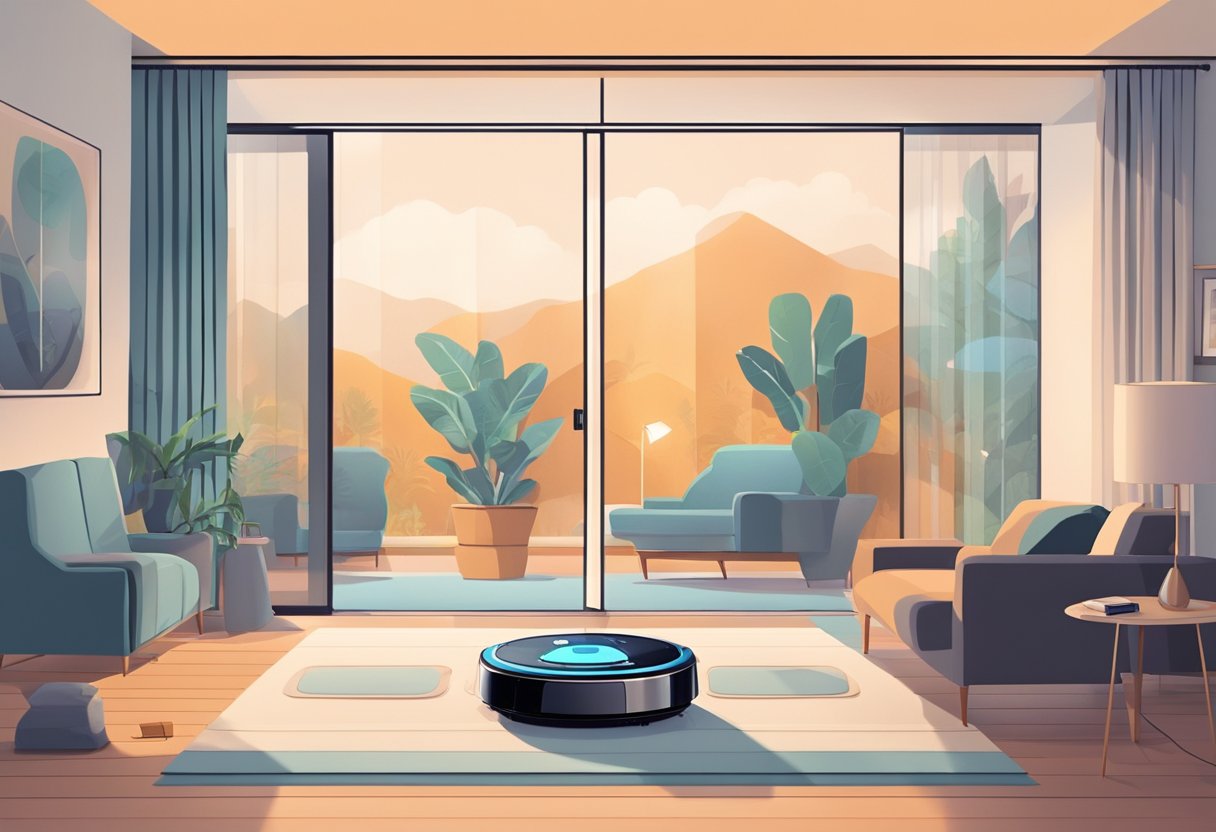 A modern living room with voice-controlled lights, smart thermostat, and automated curtains. A robot vacuum glides across the floor as a drone delivers a package through the open window