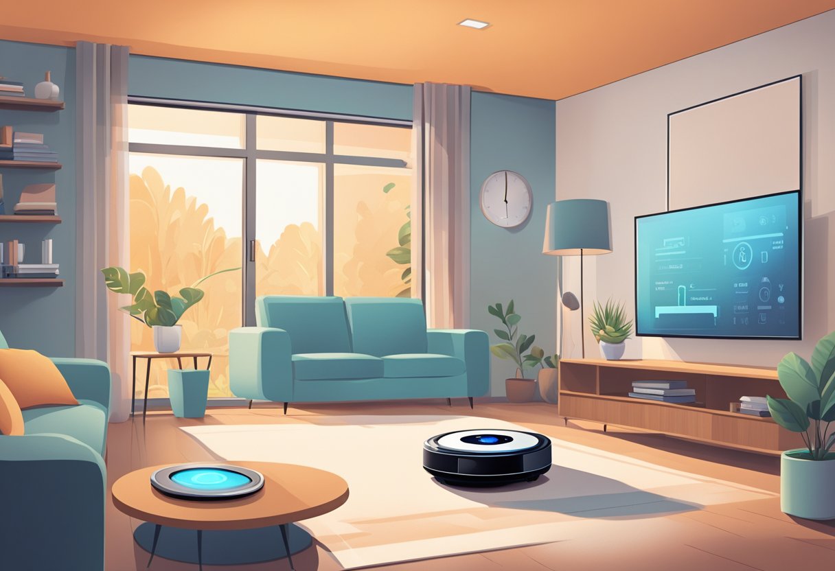 A modern living room with voice-activated lights, smart thermostat, and automated blinds. A robot vacuum glides across the floor as a security camera monitors the surroundings