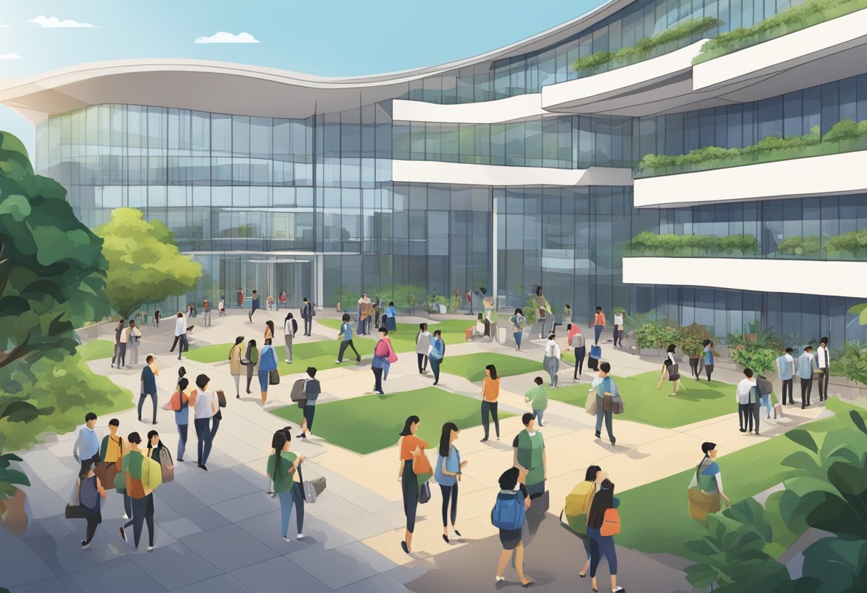 A bustling campus with students and faculty interacting at Singapore Management University