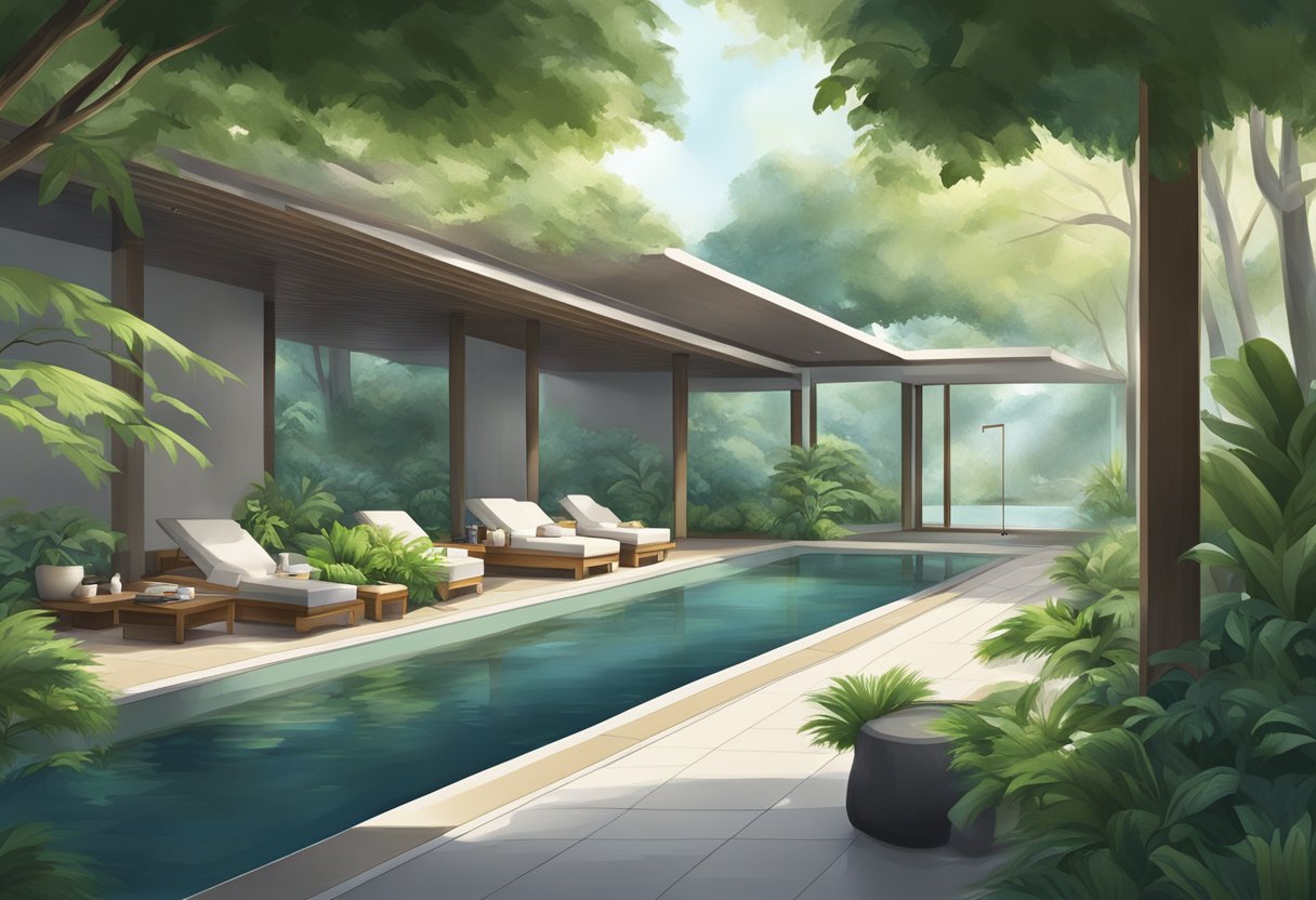 A serene spa in Singapore with lush greenery, tranquil water features, and modern architecture