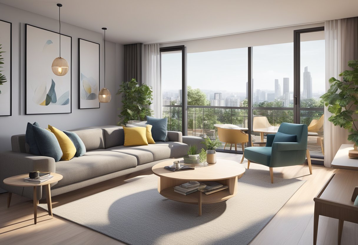 A modern, spacious serviced apartment with sleek furniture, a fully equipped kitchen, and a cozy living area with natural light streaming in through large windows