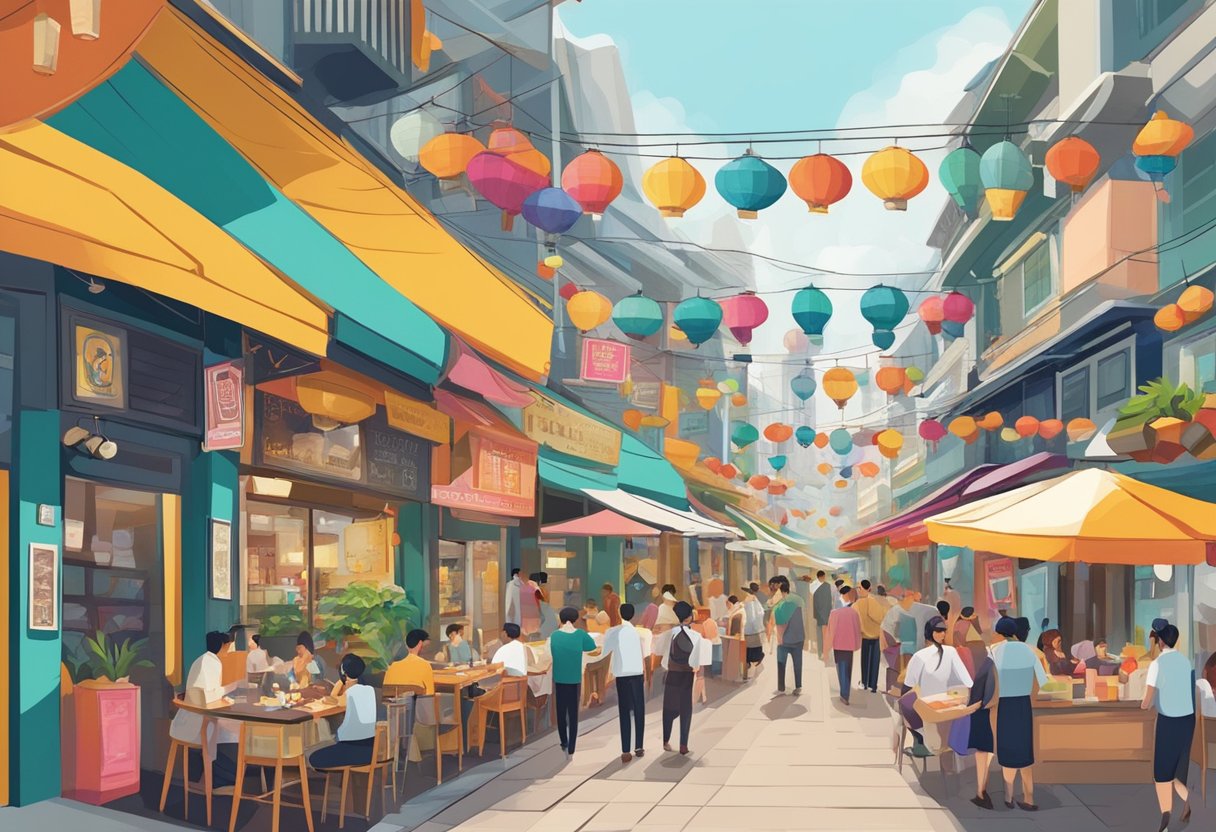 A bustling street lined with vibrant, diverse restaurants in Singapore, with colorful signs and tantalizing aromas filling the air