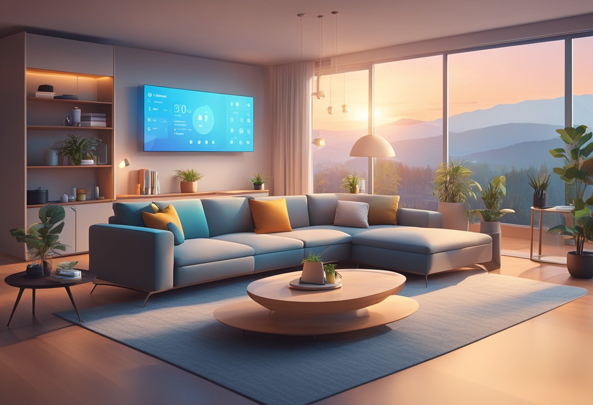 A modern living room with smart home devices seamlessly integrated into the decor. Voice-controlled lights, automated curtains, and a smart thermostat create a futuristic and convenient living space