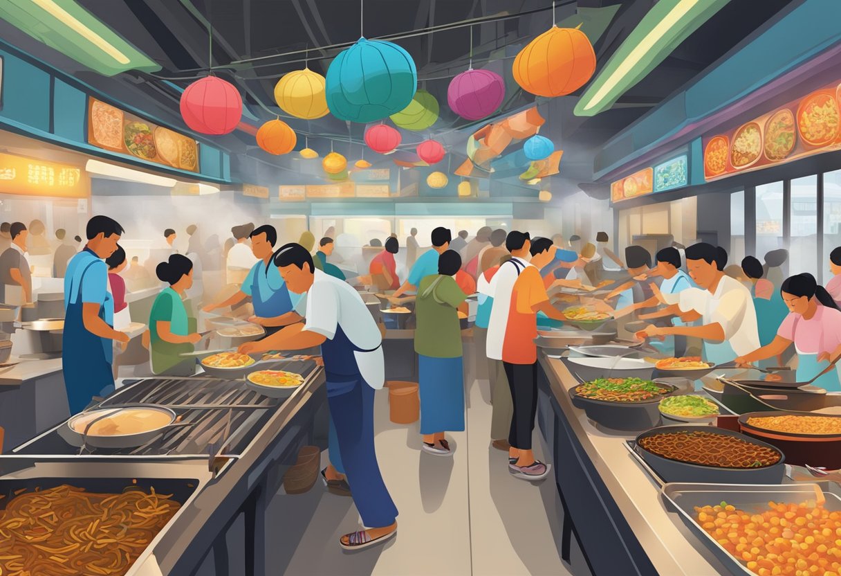 A bustling hawker center with steaming woks, sizzling grills, and colorful food displays. A mix of savory aromas fills the air as diners eagerly sample the diverse culinary offerings