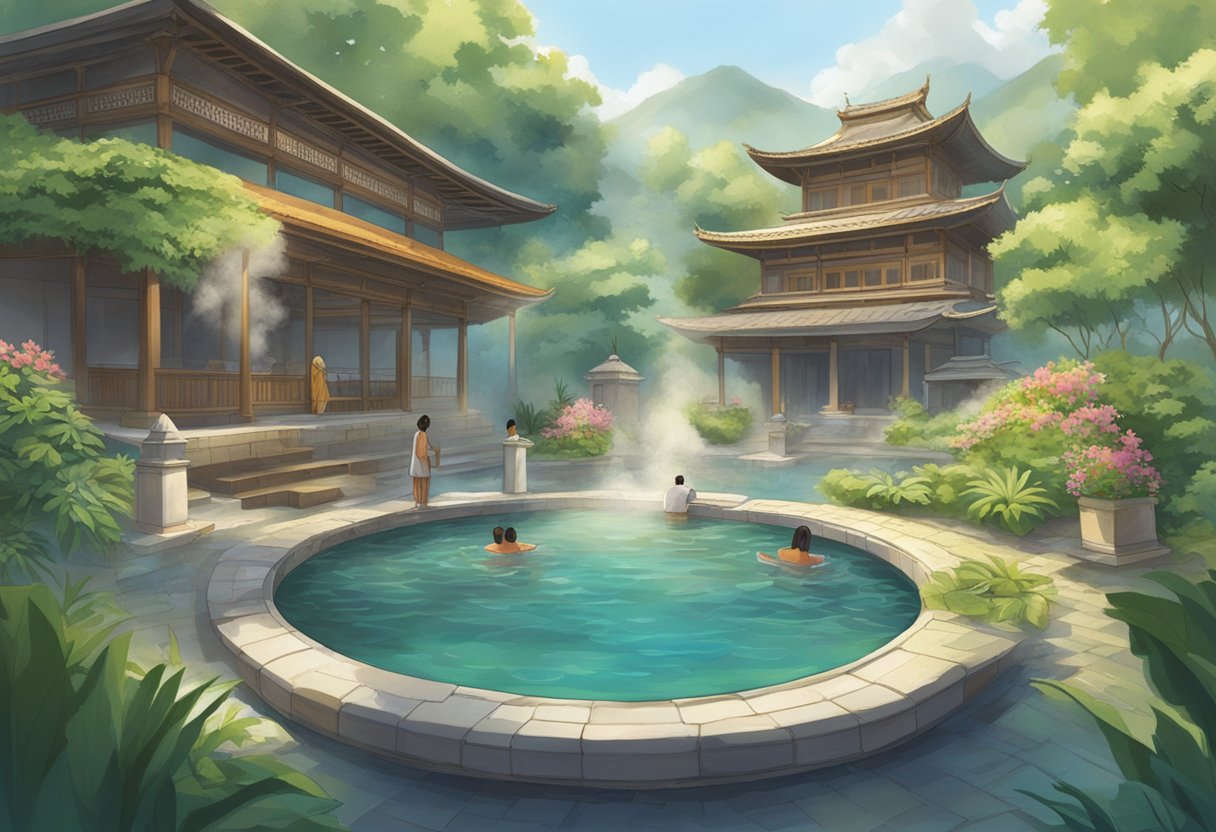 Guests relax in hot spring pools, surrounded by lush greenery and traditional architecture. Steam rises from the water, creating a serene and tranquil atmosphere