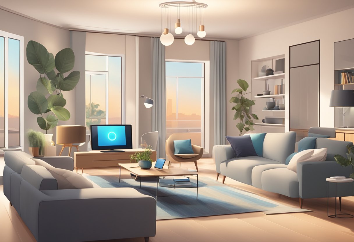 A modern living room with various smart home devices, including voice-activated speakers, smart light bulbs, and a connected thermostat, all seamlessly integrated into a single network