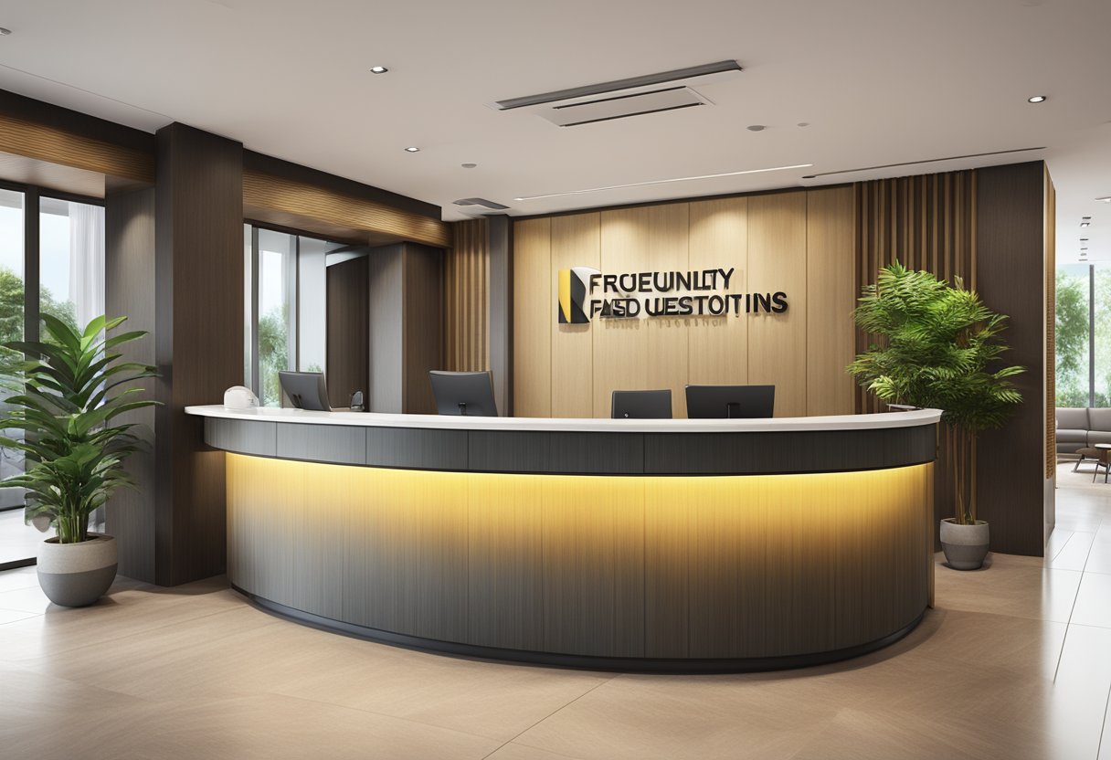 A reception desk with a sign "Frequently Asked Questions" in a modern lobby of a serviced apartment in Singapore
