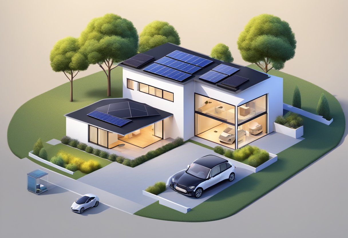 A modern living room with smart home devices controlling lights, thermostat, and security. Solar panels on the roof and an electric car charging in the driveway