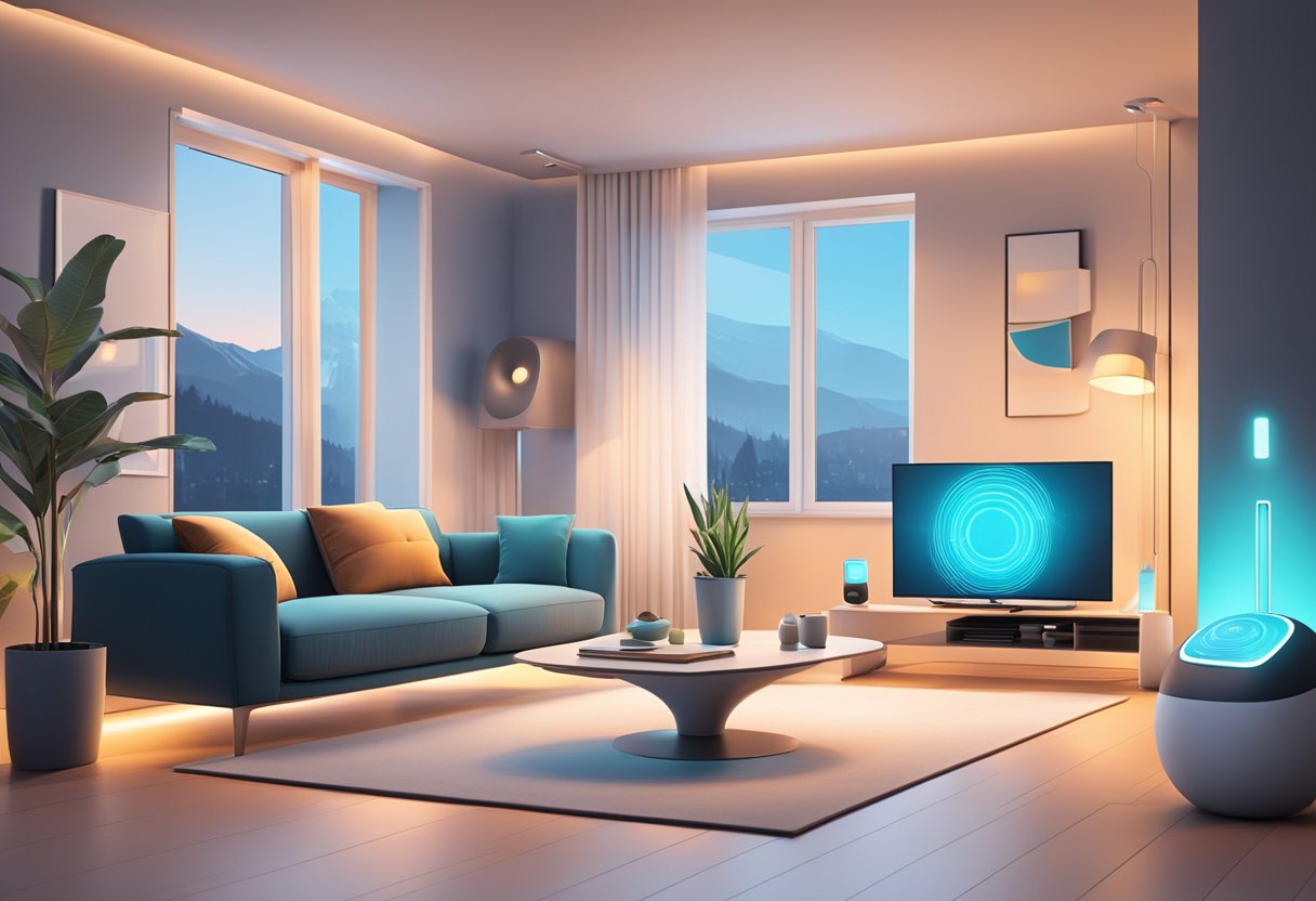 A sleek, modern living room with various smart home devices seamlessly integrated. Lights, thermostat, and security system respond to voice commands, creating a futuristic and efficient home environment