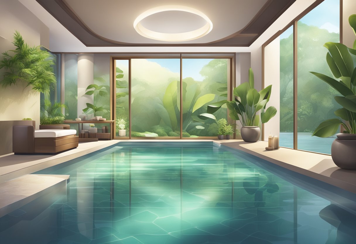 A serene spa setting with lush greenery, calming water features, and luxurious treatment rooms, creating a tranquil atmosphere for a rejuvenating spa experience