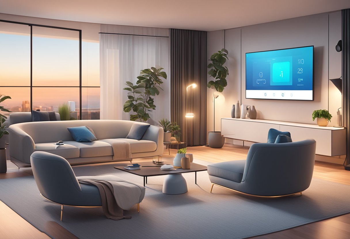 A sleek, modern living room with voice-controlled smart home devices seamlessly integrated into the decor. Lights, thermostat, and entertainment system all respond to the AI assistant's commands